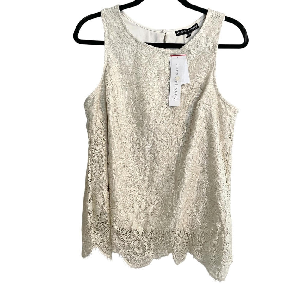 Three Pink Hearts Lace Tank Top Sleeveless Lined‎ Ivory Size L Bohemian Layered